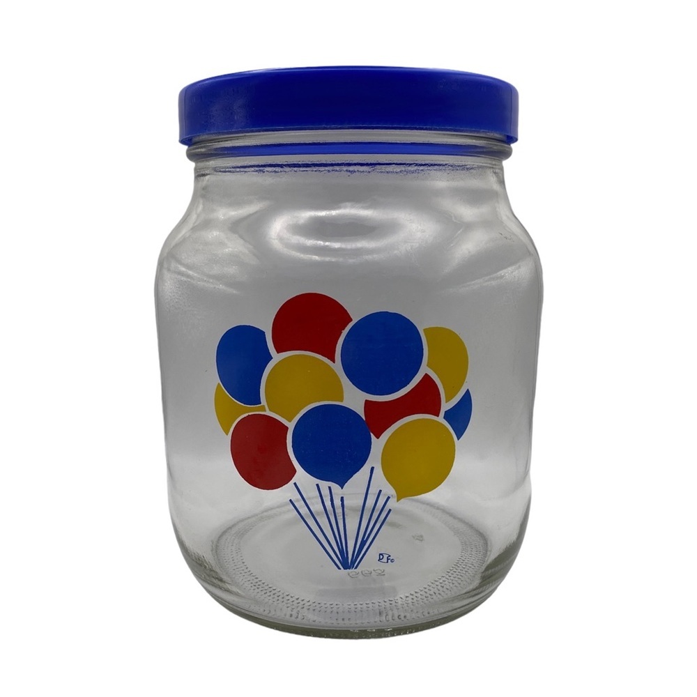 Vintage 1980s Painted Balloons Brockway Glass Co Jar W/ Blue Plastic Lid